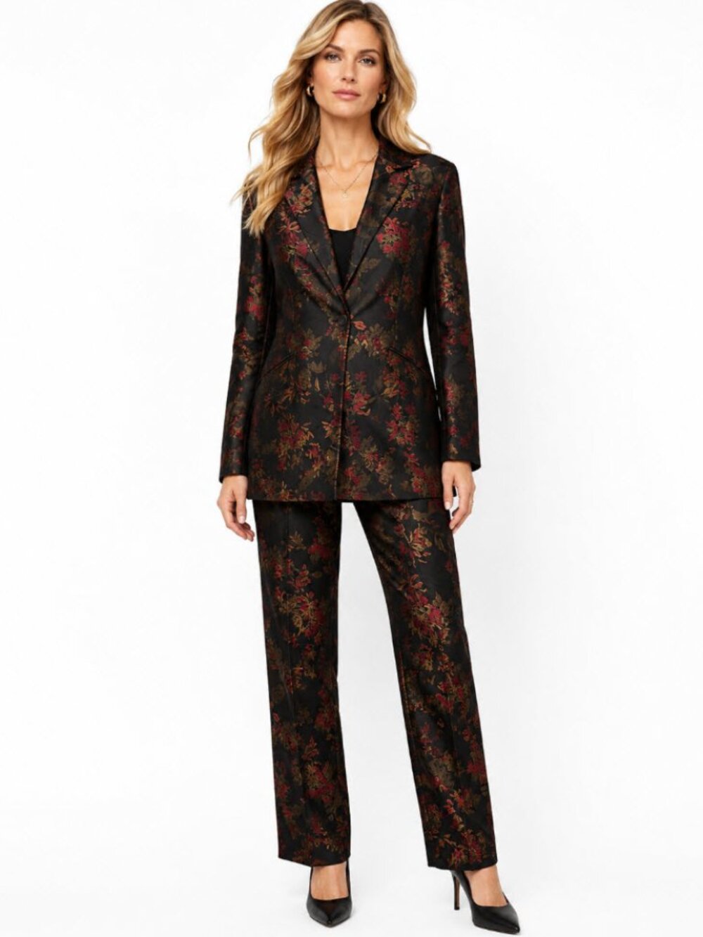 Jones New York Black Floral Jacquard Blazer Pants Suit Set Size 10